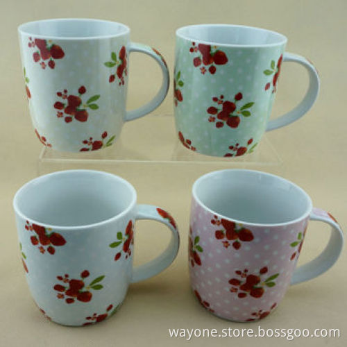Fine China Mug in Strawberry Design, Pink, Blue, Cream and Green Color, 12oz Volume, 8.3 x 9.5cm